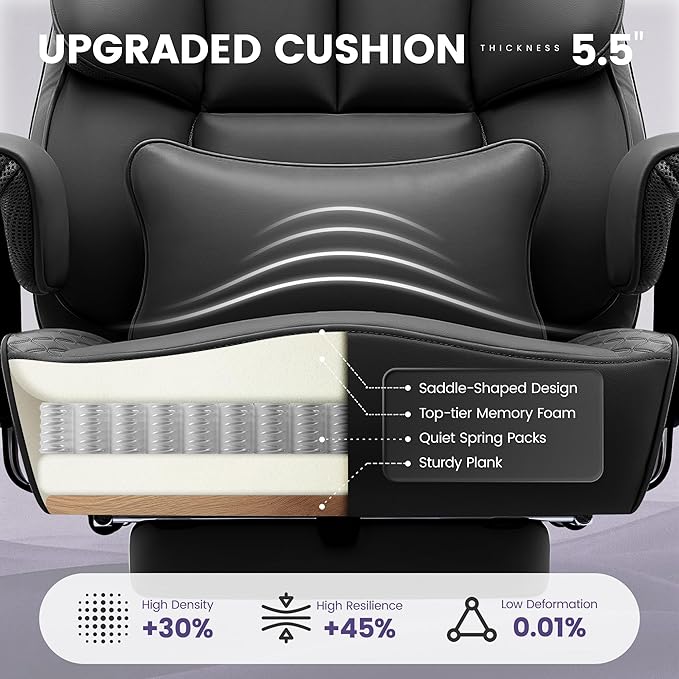 Office Desk Chair, Big and Tall Leather Gaming Chair with Footrest, Wide Ergonomic Comfy Executive High-Back Reclining Computer Chairs, Swivel Rolling Wheels and Lumbar Support, Matte Black