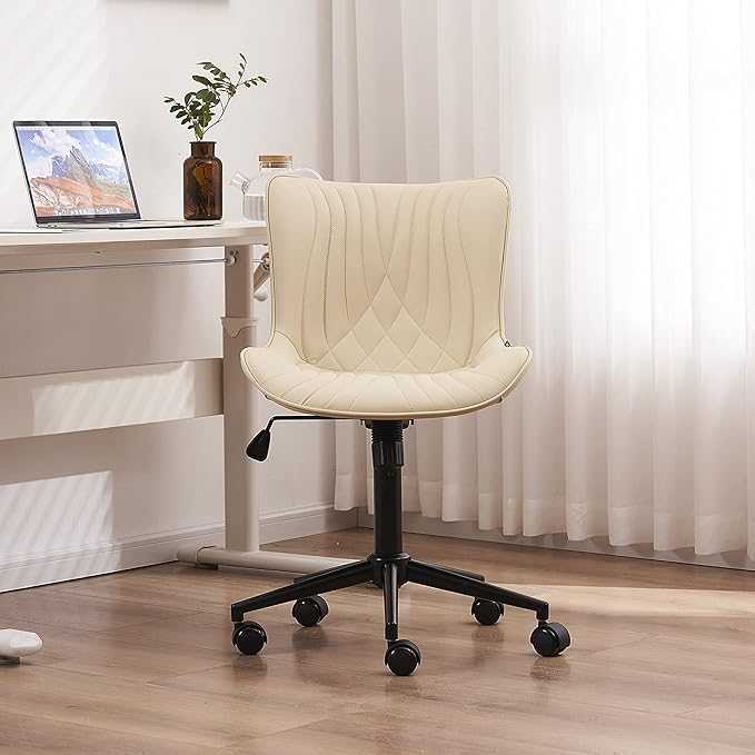 YOUNIKE Office Chair, Armless Desk Chair with Wheels, Adjustable Swivel Home Office Computer Task Chairs, Modern Faux Leather Padded Vanity Chair with Back, Beige