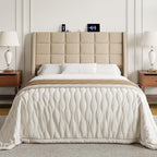 Full Size Headboard with Charging Station, Ergonomic Upholstered Linen Headboards Only, Wingback Wood Bed Head Board with Storage Pocket, Bed Frame Adapters, Beige