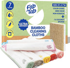Fab Tab Viscose Made from Bamboo Cleaning Cloths Ultra Absorbent, Reusable Kitchen Cloths, Quick Drying, Non-Scratch, Color Coded Cleaning Cloths, Includes Coconut Sponge, Multicolor, 7-Pack