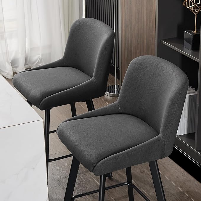 Swivel Counter Height Bar Stools Set of 4, 30''H Upholstered Barstools with Backs, Modern Bar Stool Chairs for Kitchen Island, Metal Legs, Fabric, Black Grey Stools Counter Chair