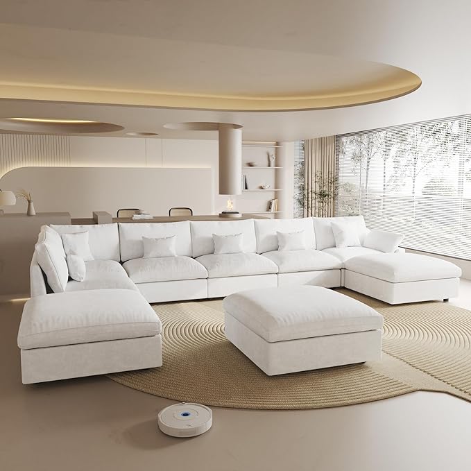 192" Modular Sectional Sofa Cloud Couch,Oversized Linen L-Shaped Sectional Sofa with Deep Seat,U-Shape 8-Seater Couch with Ottoman for Living Room in White