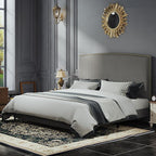 King Size Bed Frame and Headboard, 56" Upholstered Platform Bed with Nailhead Trim, Soft Boucle Fabric, No Box Spring Needed, Easy Assembly, Grey