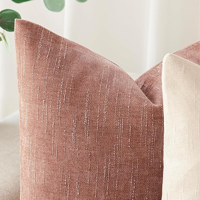 Foindtower Pack of 2 Textured Chenille Throw Decorative Pillow Covers Square Accent Solid Cushion Cover Neutral Farmhouse Pillow Case for Couch Sofa Bedroom Living Room 24x24 Inch,Dusty Pink
