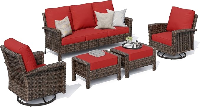HERA'S HOUSE High Back Swivel Patio Furniture Set with 5.5" Thick Cushions, 5-Piece Oversized Outdoor Wicker Sectional Conversation Set with Ottomans for Garden Yard Porch, Red