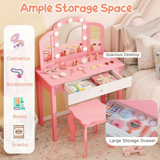 Costzon Kids Vanity, Girls Vanity Set with Mirror and Stool and Lights, Storage Drawer, Princess Toddler Makeup Vanity Desk Dressing Table, Wooden Kids Vanity Table and Chair Set (Pink)