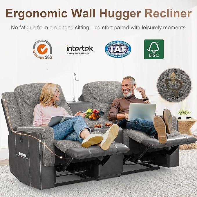 Loveseat Recliner Sofa, Manual Double Recliner with Storage Console, Cup Holder, USB Port & Reading Light, Grey Linen & PU Leather Manual Reclining Couch for Living Room, RV/Theater Seating