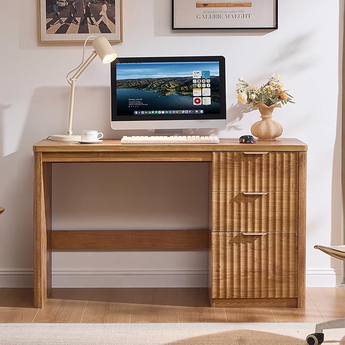 48" Modern Fluted Home Office Desk with Storage Cabinet, Brown Wood Executive Desk with File Drawer & Metal Handles, Large Computer Writing Table for Office,Study, Living Room, Bedroom