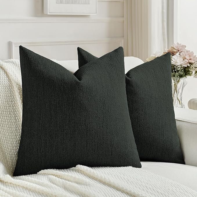 FUTEI Black Chenille Decorative Throw Pillow Covers 16x16 Inch Set of 2,Soft Cozy Faux Linen Textured Cushion Case,Farmhouse Home Decor for Couch Living Room