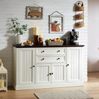Farmhouse 58" Buffet Cabinet with Storage, 34" Tall Coffee Bar Cabinet w/2 Large Drawers & 4 Grooved Barn Doors, Wood Rustic Sideboard Buffet Cabinet for Dinning Room, Kitchen, Living Room,White