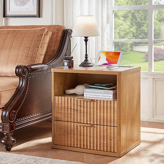LEYAOYAO Fluted Nightstand with Charging Station, 23" Wide 2 Drawers End Table, Brown Night Stand with Open Storage Cabinet, Farmhouse Bed Side Tables, Wood Dresser for Bedroom, Living Room, Closet