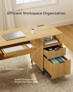 Fluted Executive Desk, 55" Modern Wood Home Office Desk with Charging Station, File Drawer, Open Storage, Computer Writing Desk for Work Study Writing, Natural Oak