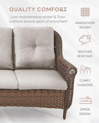 Patio Couch Outdoor Wicker Sofa - Heavy Duty All-Weather Brown Rattan 3-Seater with High Back and Comfortable Thick Cushions for Garden Back Porch Poolside Apartment - Beige