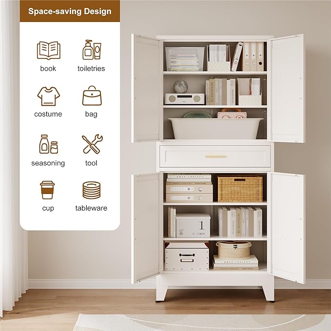 Large Metal Kitchen Pantry Cabinet with Adjustable Shelves - Freestanding Kitchen Storage Cabinet for Dining Room,Livingroom Bathroom, Hallway, Workshop, Office (White, 71"-1 Drawer)