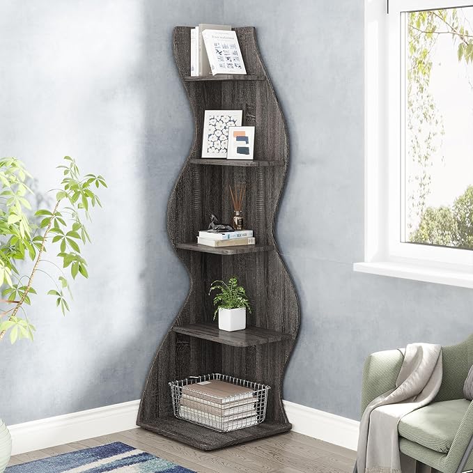 Tribesigns Corner Shelf, Modern 5-Tier Wall Corner Bookshelf, Stylish Corner Small Bookcase Storage Rack Plant Stand with Unique Shape for Living Room, Home Office, (1PC, Gray)