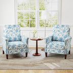 GOFLAME Floral Accent Chair, Comfy Upholstered Armchair with Rubber Wood Legs and Thick Padded Cushion, High Back Single Sofa Chair, Reading Side Chair for Living Room, Bedroom, Blue