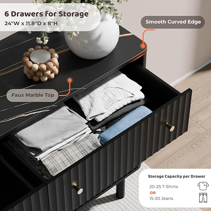 RECCI Fluted 6 Drawers Dresser for Bedroom, 54" Wide Chest of Drawers with 3D Fluted Panel, Faux Marble Top, Solid Wood Legs, Storage Drawers, TV Stand, Closet Chests for Bedroom, Black