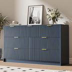 3-Piece Dresser Bedroom Set, 7 Drawer Dresser & 3 Drawer Nightstands with Gold Handles, Fluted Wood Chest of Drawers for Bedroom, Living Room, Entryway, Navy Blue