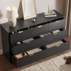 Black 7 Drawer Dresser for Bedroom, Modern Fluted Dresser with Gold Metal Handles, Wide Chest of Drawers for Bedroom, Living Room, Entryway, Hallway, 55.9" L x 15.7" D x 31.4" H
