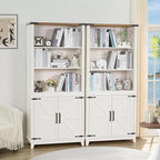 5 Tier Bookshelf 70in Tall Bookcase with Barn Doors and Storage Cabinet, White Farmhouse Book Shelf with Adjustable Shelves, Wood Freestanding Display Bookshelves for Bedroom, Living Room