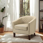 Pia Ricco Faux Leather Barrel Accent Chair, Modern Club Arm Chair Comfy Upholstered Single Sofa Chair with Solid Wood Legs and Nailhead Trim for Living Room/Reading Room, Beige