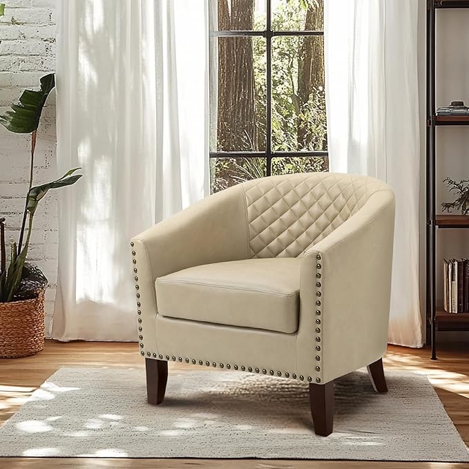 Pia Ricco Faux Leather Barrel Accent Chair, Modern Club Arm Chair Comfy Upholstered Single Sofa Chair with Solid Wood Legs and Nailhead Trim for Living Room/Reading Room, Beige
