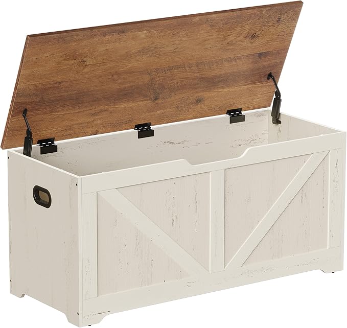 VASAGLE Storage Chest, Storage Bench with 2 Safety Hinges, Farmhouse Style, 15.7 x 39.4 x 18.1 Inches, for Entryway, Bedroom, Living Room, Honey Brown and Rustic White ULSB060WJ01S