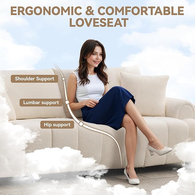 88 "Modern Boucle Sofa Couch, Oversized Comfy 3 Seater Sherpa Curved Sofas Deep Seat, Upholstered Loveseat Teddy Round Arm Couches for Living Room, Bedroom, Beige
