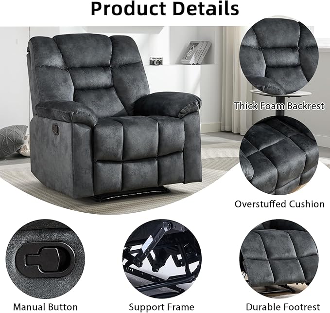 EBELLO Manual Recliner Chair for Adults with Soft Padded Headrest and Backrest, Overstuffed Single Recliner Sofa Chair for Living Room, Grey