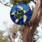 Stained Glass Window Hanging 4 Pcs Set Blue Ocean Turtle Dolphin 6.3" - Marine Life Suncatcher Garden Sun Catcher Decor Birthday Mother's Day for Mom Woman Nana Men