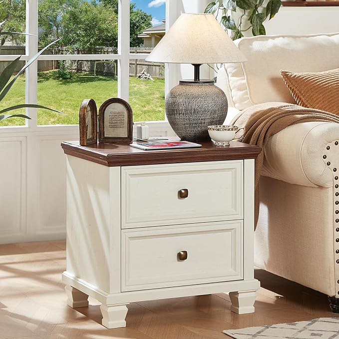 Farmhouse Nightstand with Charging Station, Rustic Low Night Stand with 2 Drawers, Mid-Century Modern End Table with 4 Square Solid Wood Legs, Small Dresser for Bedroom, Home, White