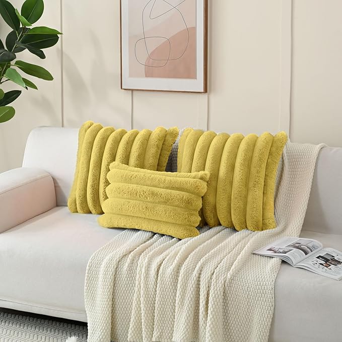 FUTEI Mustard Yellow Decorative Throw Pillow Covers 24x24 Inch Set of 2, Square Soft Faux Rabbit Fur Big Striped Pillow Sham,Home Decor for Couch Sofa Bed Living Room