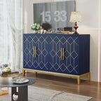 HLR 48" Accent Cabinet with 4 Doors and Shelves, Modern Credenza Storage Cabinet with Gold Trim, Sideboard Buffet for Living Room, Kitchen, Dining Room, Hallway, Blue
