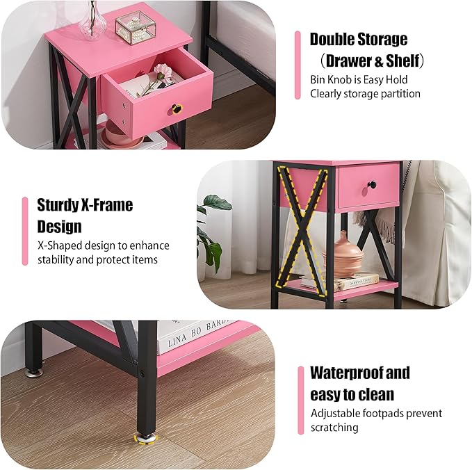 VECELO End Tables, Modern Nightstand with Drawer & Shelf, Night Stand for Bedroom Living Room,Industrial Metal Frame