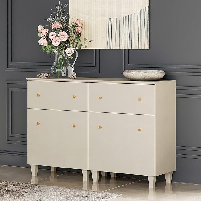 WAMPAT Storage Cabinets with Drawers and Doors, 2-in-1 Living Room Beige Wood Side Cabinets Floor Storage Organizer with Adjustable Shelf for Dining Room, Kitchen, Entryway, Hallway, 47.2x15.3x32.4