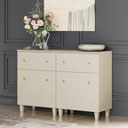 WAMPAT Storage Cabinets with Drawers and Doors, 2-in-1 Living Room Beige Wood Side Cabinets Floor Storage Organizer with Adjustable Shelf for Dining Room, Kitchen, Entryway, Hallway, 47.2x15.3x32.4