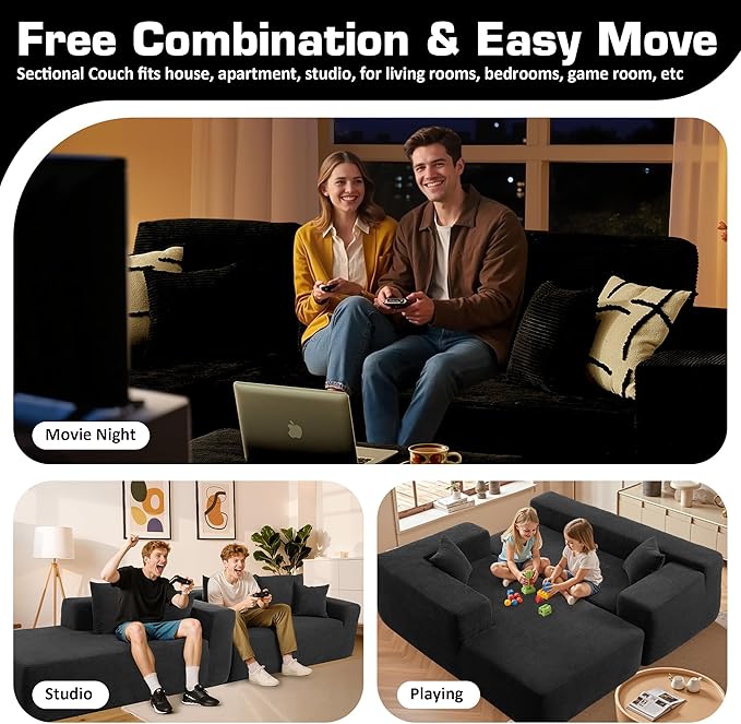 106" Cloud Sectional Couch with L-Shape Chaise & Ottoman, No Assembly Modular Sofa, Deep Seat Corduroy Boneless Couched for Living Room (Black Stripe Corduroy, Left Facing Chaise with Ottoman)