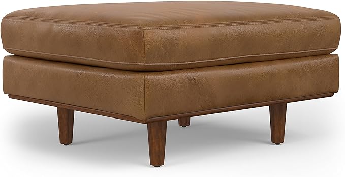 SIMPLIHOME Morrison Mid-Century Modern 89 inch Wide Sofa with Ottoman Set in Caramel Brown Genuine Leather for the Living Room and Family Room