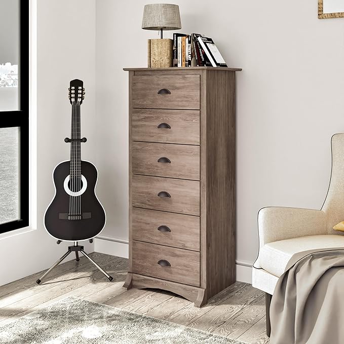 Prepac Salt Spring Rustic 6-Drawer Tall Dresser for Bedroom, Farmhouse Dresser Chest of Drawers 19" D x 23.25" W x 52.75" H, Drifted Gray, DDC-2354