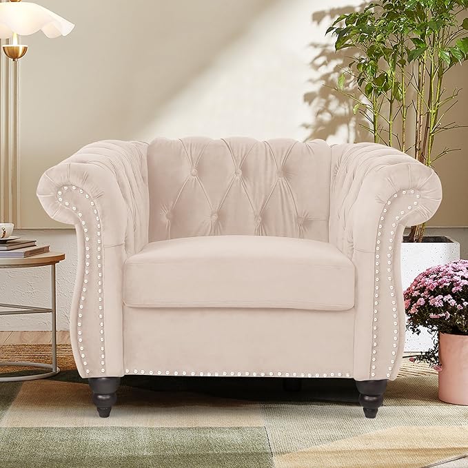 2 Piece Living Room Sofa Set, 3 Seater Velvet Sofa Couch and Chair Set, Mid Century Modern Upholstered Couch with Cushions, Comfy Tufted Chesterfield Couches for Living Room, Bedroom, Office