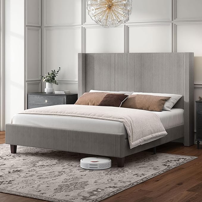 HOWE King Size Upholstered Platform Bed Frame, Wingback Bed with 50.8" Headboard, Corduroy/Solid Wood Leg/No Box Spring Needed/Noise Free/Taupe