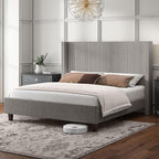 HOWE King Size Upholstered Platform Bed Frame, Wingback Bed with 50.8" Headboard, Corduroy/Solid Wood Leg/No Box Spring Needed/Noise Free/Taupe