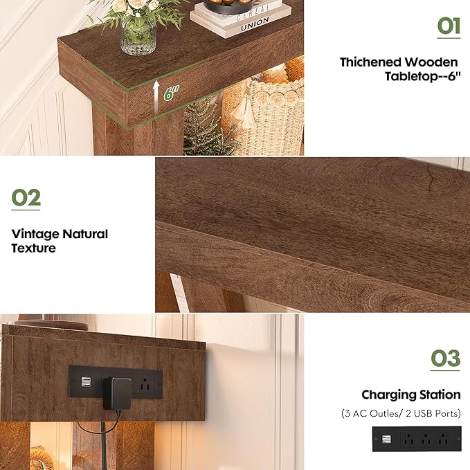 Unikito 63'' Farmhouse Console Table with Power Outlets and Sensor Light, Wooden Entryway Table with Storage, Rectangular Sofa Tables Behind The Couch for Entrance, Hallway, Living Room, Rustic Oak