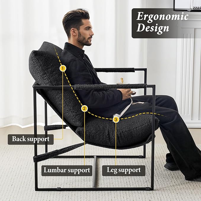 Furnilivng Large Sling Accent Chair Set of 2, Comfortable Boucle Fabric Arm Chair, Upholstered Cozy Reading Chair for Living Room, Bedroom, Dressing Room, Home Office, Black