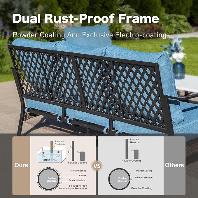 6 Piece Metal Outdoor Patio Furniture Set, Patio Conversation Set with Rocking Chair and 5.75" Thick Cushion & Coffee Tabl, Outdoor Seating Black Frame Backyard Furniture, Denim Blue