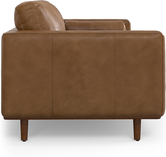 SIMPLIHOME Morrison Mid-Century Modern 89 inch Wide Sofa with Ottoman Set in Caramel Brown Genuine Leather for the Living Room and Family Room