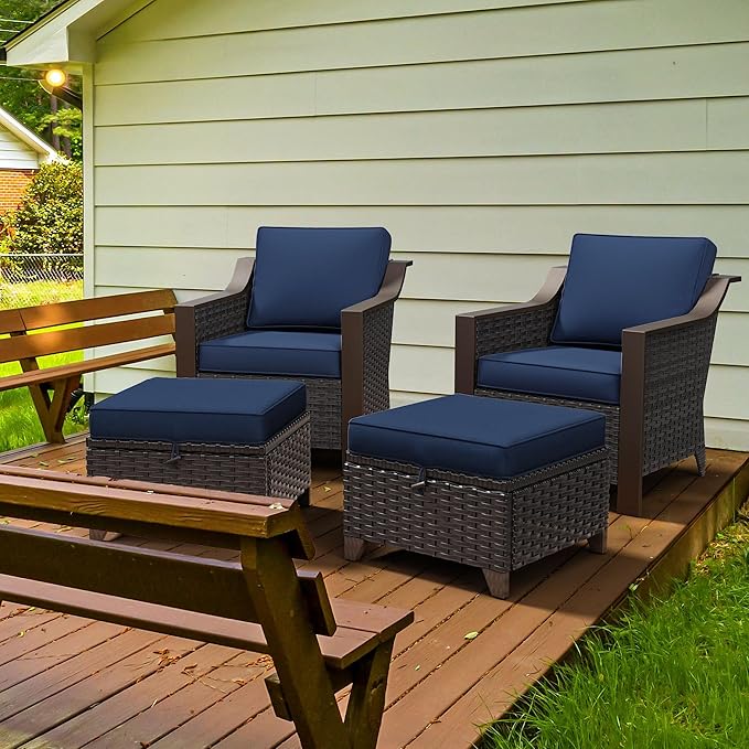 Patio Metal Wicker Chairs with Ottomans Set of 2, Outdoor Conversation Furniture Set - 2 Armchairs | 2 Wicker Ottomans, Removable Cushions, PE Rattan, Front Porch (Navy Blue)