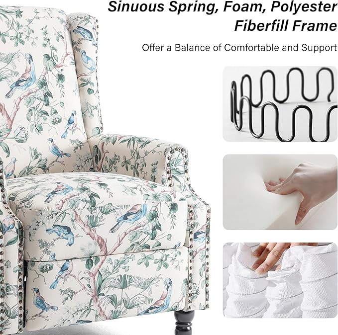 Recliner Chair, Upholstered Wingback Floral Pushback Armchair with Adjustable Backrest & Footrest, Comfy Accent Chair Reading Single Sofa for Small Spaces, Living Room, Bedroom (Bird, Set of 2)