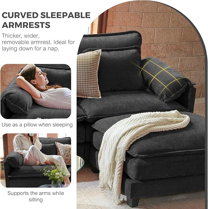 ELUCHANG 116" Luxury Modular Sectional Sofa, Comfy Deep Seat Cloud Couch, Sleeper Sofa Bed, 6 Seat Modern Couch with Removable Cover for Living Room, Apartment, DIY Combination, Chenille Black