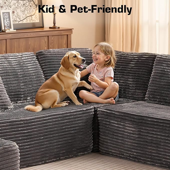 135.4'' U Shaped Sectional Couches for Living Room, Large Boneless Cloud Couch, Modern Modular Sofa Deep Seat Plush Corduroy, No Assembly Required,Plush Corduroy,Gray